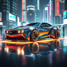 A futuristic supercar inspired by the classic 1968 Chevrolet Camaro, featuring a sleek widebody design and aggressive wide tires