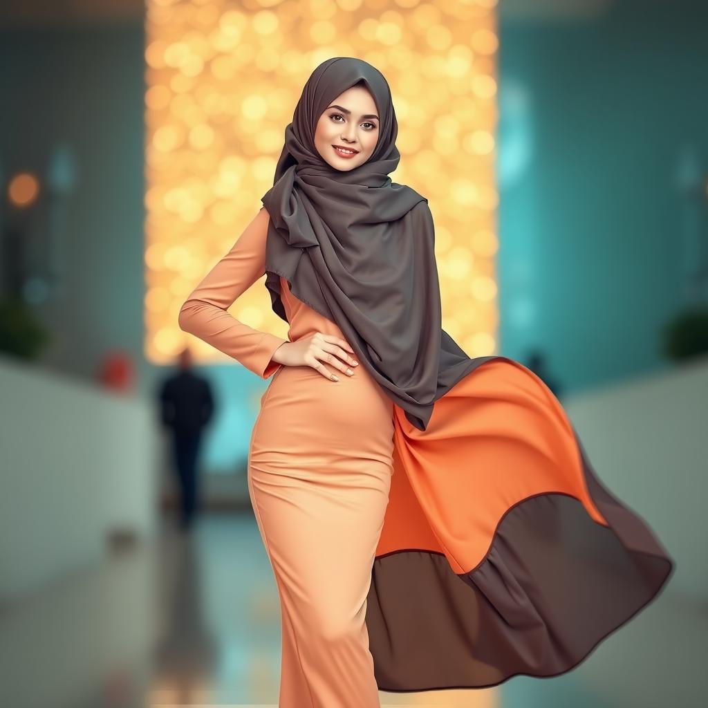 An elegant woman in a flowing hijab, showcasing a stylish outfit with high heels