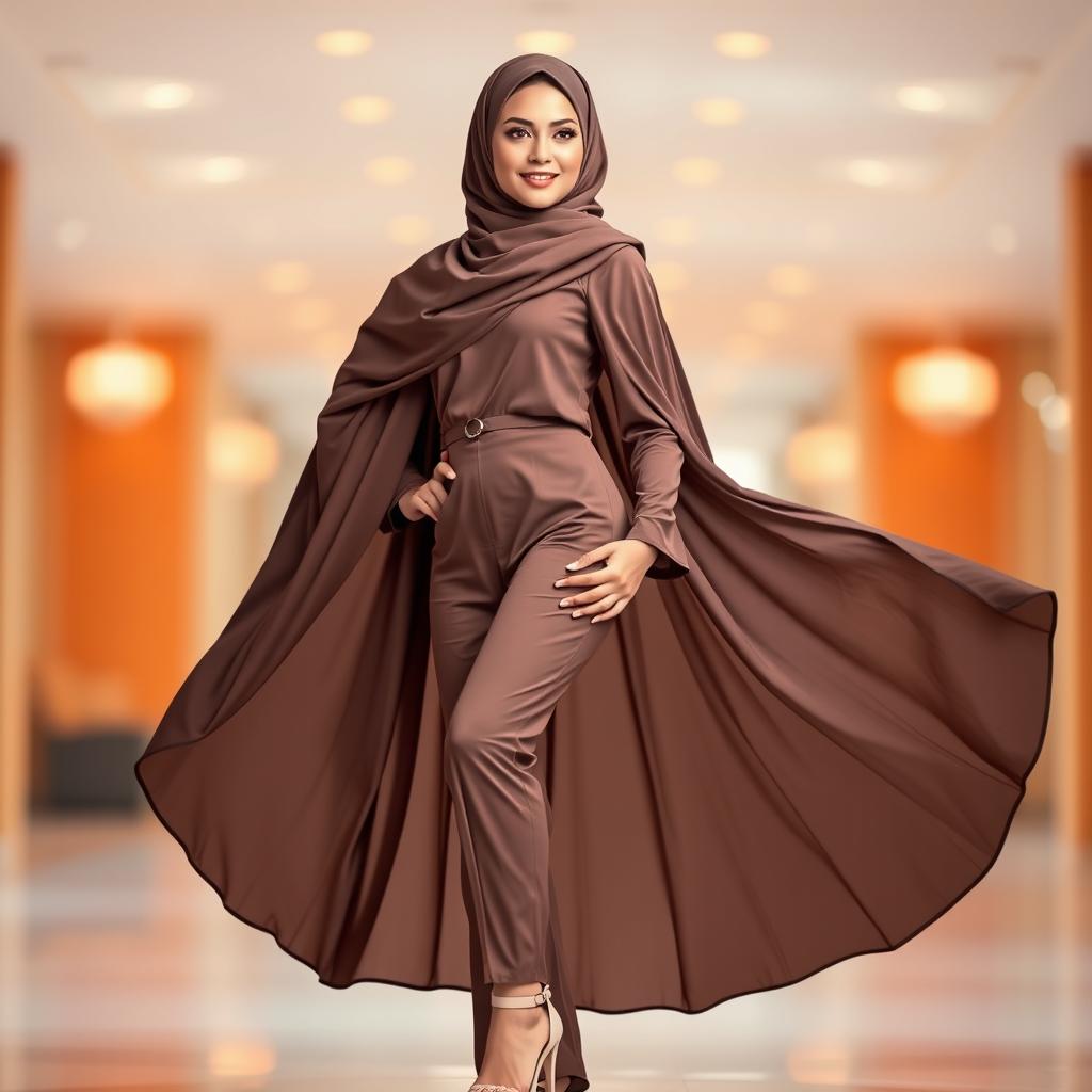 An elegant woman in a flowing hijab, showcasing a stylish outfit with high heels