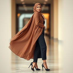 An elegant woman in a flowing hijab, showcasing a stylish outfit with high heels