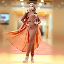 An elegant woman in a flowing hijab, showcasing a stylish outfit with high heels