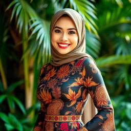 A beautiful Indonesian woman wearing a fitted kebaya that accentuates her curves, complemented by a stylish jilbab