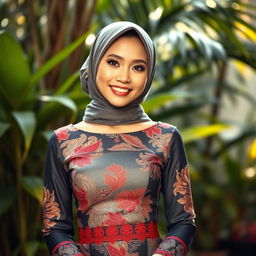 A beautiful Indonesian woman wearing a fitted kebaya that accentuates her curves, complemented by a stylish jilbab