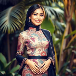 A beautiful Indonesian woman wearing a fitted kebaya that accentuates her curves, complemented by a stylish jilbab