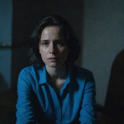 A melancholic woman, clothed in a blue shirt, sitting in a dimly lit room, surrounded by a somber ambiance