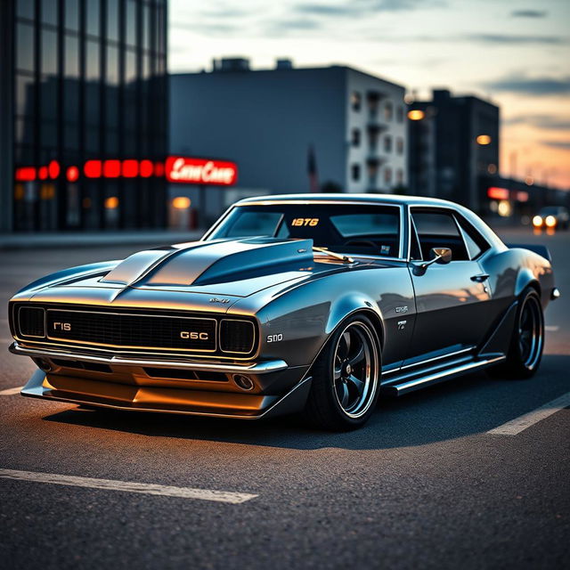 A stunning 1968 Chevrolet Camaro with a sleek design, featuring a custom hood that adds a distinctive flair