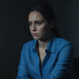 A melancholic woman, clothed in a blue shirt, sitting in a dimly lit room, surrounded by a somber ambiance