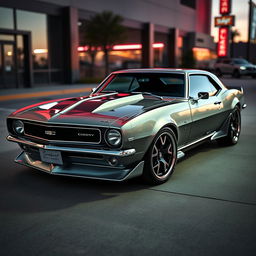 A stunning 1968 Chevrolet Camaro with a sleek design, featuring a custom hood that adds a distinctive flair