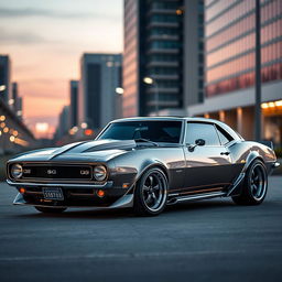 A stunning 1968 Chevrolet Camaro with a sleek design, featuring a custom hood that adds a distinctive flair