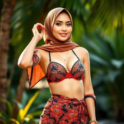 A stunning Indonesian woman wearing a tight-fitting batik sarong, beautifully combining traditional and contemporary fashion