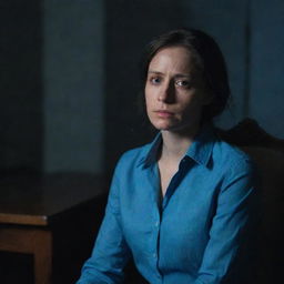 A melancholic woman, clothed in a blue shirt, sitting in a dimly lit room, surrounded by a somber ambiance