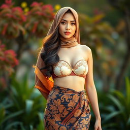 A stunning Indonesian woman wearing a tight-fitting batik sarong, beautifully combining traditional and contemporary fashion