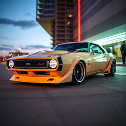 A breathtaking widebody 1968 Chevrolet Camaro designed in the style of carmstyledesign, featuring a striking custom hood that enhances its aggressive appearance