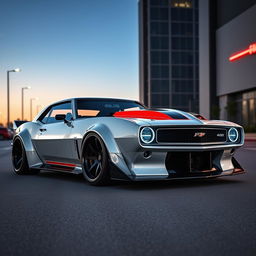 A breathtaking widebody 1968 Chevrolet Camaro designed in the style of carmstyledesign, featuring a striking custom hood that enhances its aggressive appearance