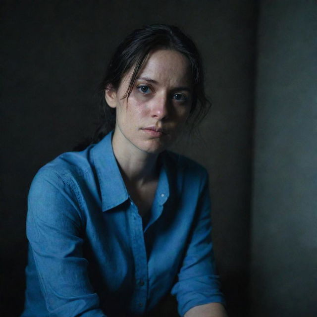 A melancholic woman, clothed in a blue shirt, sitting in a dimly lit room, surrounded by a somber ambiance