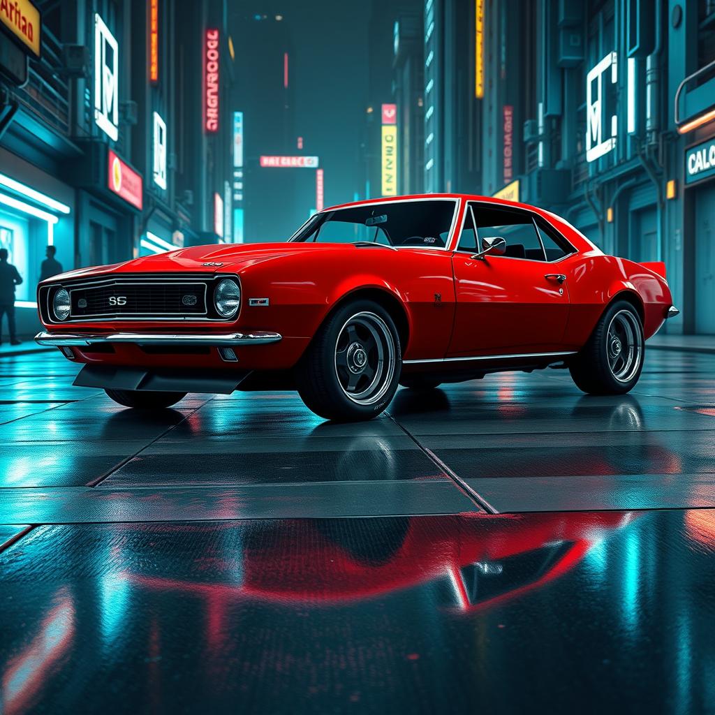 A stunning 1968 Chevrolet Camaro reimagined in a Gundam style, blending the classic muscle car's features with the striking, angular aesthetics typical of mecha design