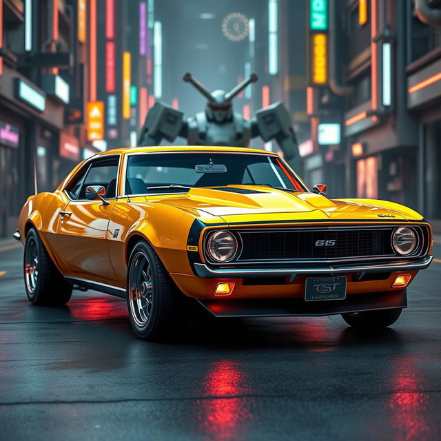 A stunning 1968 Chevrolet Camaro reimagined in a Gundam style, blending the classic muscle car's features with the striking, angular aesthetics typical of mecha design