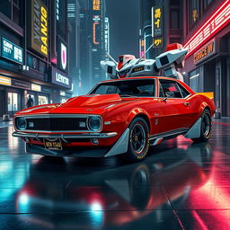 A stunning 1968 Chevrolet Camaro reimagined in a Gundam style, blending the classic muscle car's features with the striking, angular aesthetics typical of mecha design