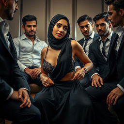 A beautiful woman in a hijab sitting in a seductive pose, adjusting her lingerie and skirt, surrounded by handsome men in stylish outfits