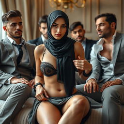 A beautiful woman in a hijab sitting in a seductive pose, adjusting her lingerie and skirt, surrounded by handsome men in stylish outfits