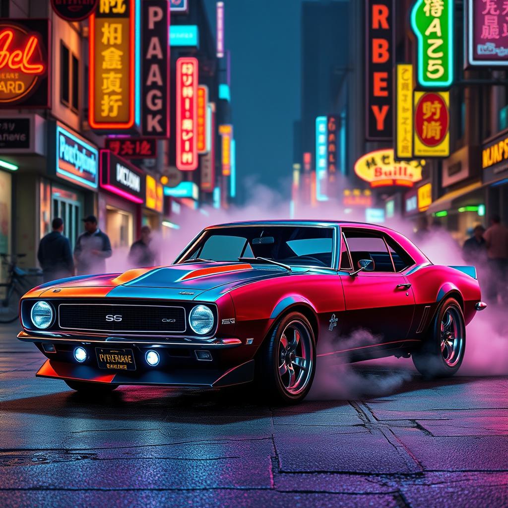 A striking 1968 Chevrolet Camaro transformed into a cyberpunk style vehicle, showcasing vibrant neon aesthetics and a gritty, futuristic twist