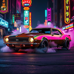 A striking 1968 Chevrolet Camaro transformed into a cyberpunk style vehicle, showcasing vibrant neon aesthetics and a gritty, futuristic twist