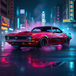 A striking 1968 Chevrolet Camaro transformed into a cyberpunk style vehicle, showcasing vibrant neon aesthetics and a gritty, futuristic twist