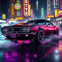 A striking 1968 Chevrolet Camaro transformed into a cyberpunk style vehicle, showcasing vibrant neon aesthetics and a gritty, futuristic twist