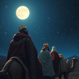 The Three Wise Men from the East journeying on their camels under a starry sky