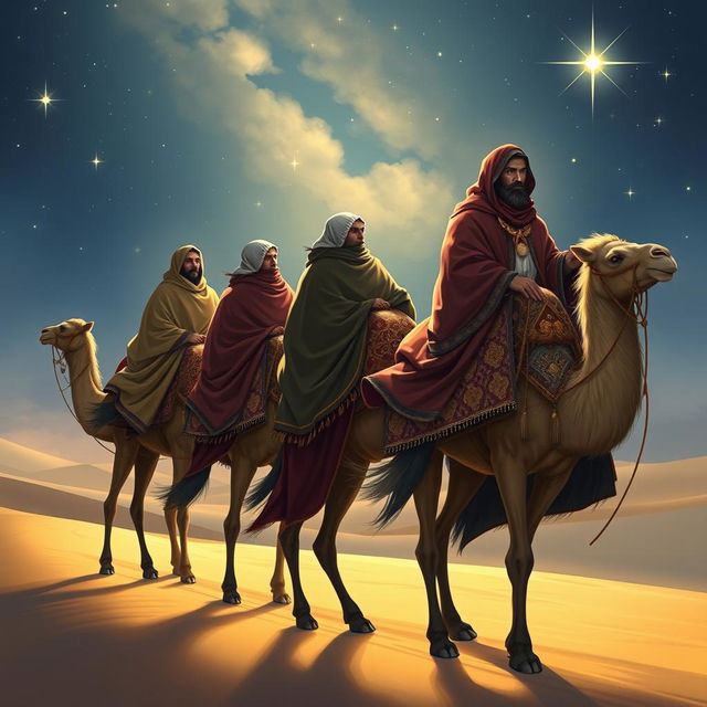 The Three Wise Men from the East journeying on their camels under a starry sky, with Balthazar, the Black King, gazing intensely