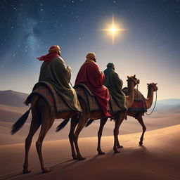 The Three Wise Men from the East journeying on their camels under a starry sky, with Balthazar, the Black King, gazing intensely