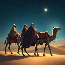 The Three Wise Men from the East journeying on their camels under a starry sky, with Balthazar, the Black King, gazing intensely