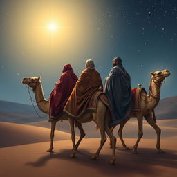 The Three Wise Men from the East journeying on their camels under a starry sky, with Balthazar, the Black King, gazing intensely