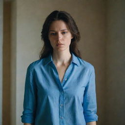 A weary woman in a blue shirt, she lets out a sigh in a softly lit room