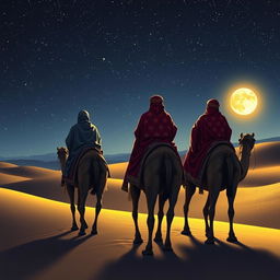 The Three Wise Men from the East seen from behind, riding on their camels, journeying under a starry night sky filled with bright stars and a glowing full moon
