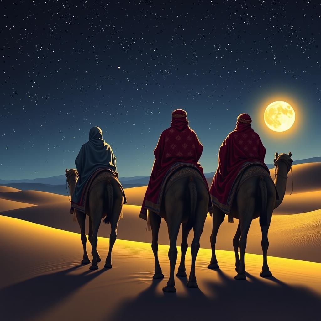 The Three Wise Men from the East seen from behind, riding on their camels, journeying under a starry night sky filled with bright stars and a glowing full moon