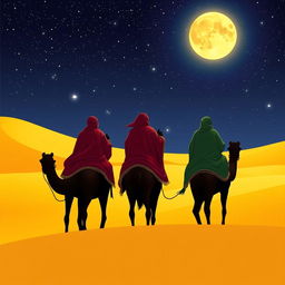 The Three Wise Men from the East seen from behind, riding on their camels, journeying under a starry night sky filled with bright stars and a glowing full moon