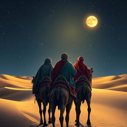 The Three Wise Men from the East seen from behind, riding on their camels, journeying under a starry night sky filled with bright stars and a glowing full moon
