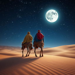 The Three Wise Men from the East viewed from behind, riding their camels through a vast desert under a breathtaking starry sky