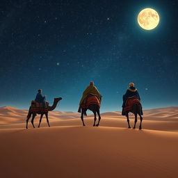 The Three Wise Men from the East viewed from behind, riding their camels through a vast desert under a breathtaking starry sky