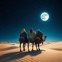 The Three Wise Men from the East viewed from behind, riding their camels through a vast desert under a breathtaking starry sky