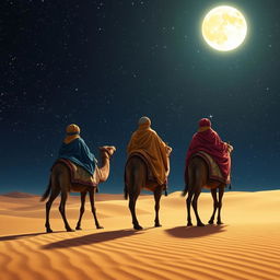 The Three Wise Men from the East viewed from behind, riding their camels through a vast desert under a breathtaking starry sky