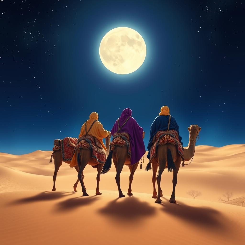 The Three Wise Men from the East seen from behind, riding their camels as they traverse a vast desert under a beautifully illuminated starry sky