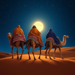 The Three Wise Men from the East seen from behind, riding their camels as they traverse a vast desert under a beautifully illuminated starry sky