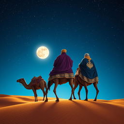 The Three Wise Men from the East seen from behind, riding their camels as they traverse a vast desert under a beautifully illuminated starry sky