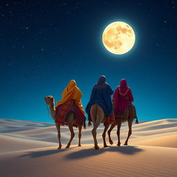 The Three Wise Men from the East seen from behind, riding their camels as they traverse a vast desert under a beautifully illuminated starry sky