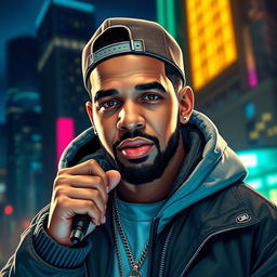 A highly detailed portrait of a male rapper, inspired by Drake, showcasing him in a stylish urban setting