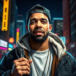A highly detailed portrait of a male rapper, inspired by Drake, showcasing him in a stylish urban setting