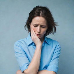 A despondent woman, allowing her head to fall onto a blue shirt she's holding, an aura of melancholic silence surrounding her