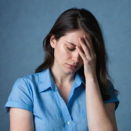 A despondent woman, allowing her head to fall onto a blue shirt she's holding, an aura of melancholic silence surrounding her